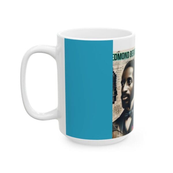 A white coffee mug with a picture of a man.