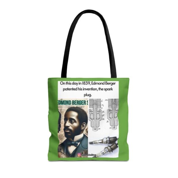 A green tote bag with an image of a man.