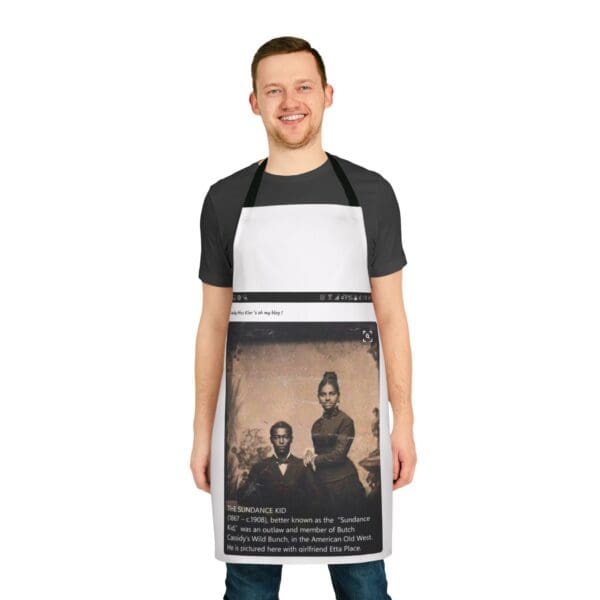 A man wearing an apron with a picture of abraham lincoln.