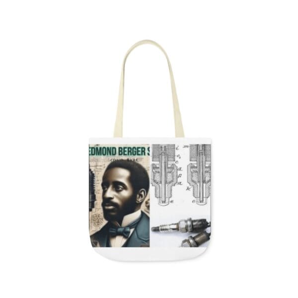 A white tote bag with an image of a man.