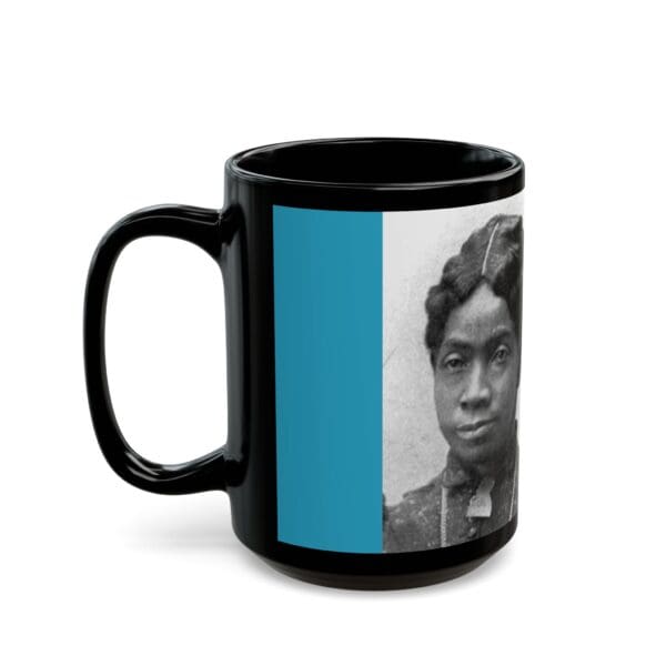 A black coffee mug with an image of a woman.