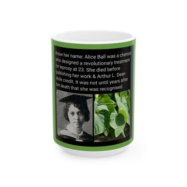 A coffee mug with an image of a woman and the words " helen hall was a revolutionary scientist ".