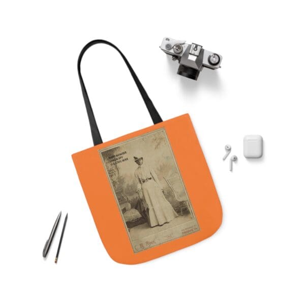 A bag with an old photo of a woman in white.