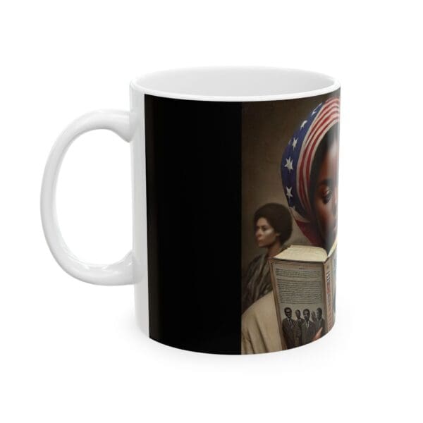 A mug with an image of a woman and a book.