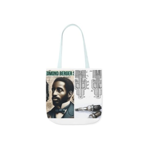 A white tote bag with an image of a man.