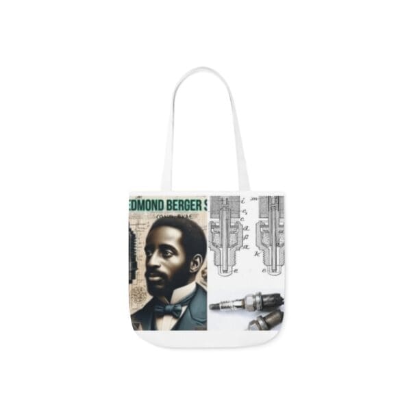 A white bag with an image of a man and some words