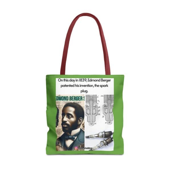 A green tote bag with an image of a man.