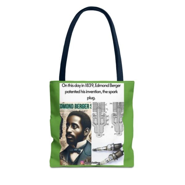 A green tote bag with an image of a man and text.