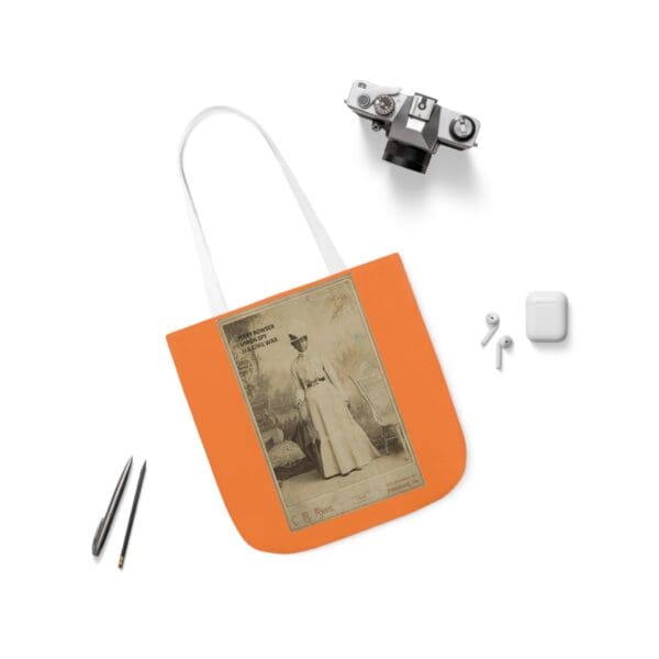 A bag with an old photo of a woman in white.