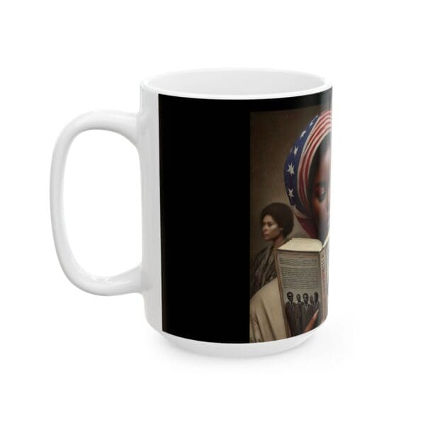 A mug with an image of a woman and a man.