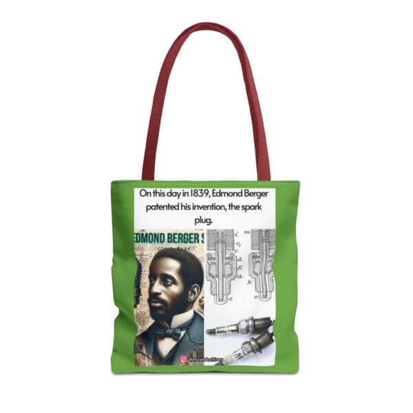 A green tote bag with an image of a man.