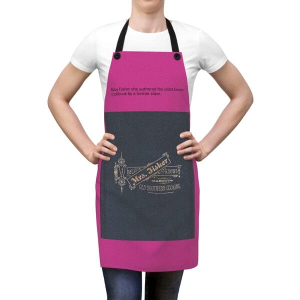 A woman wearing an apron with a pink and black design.