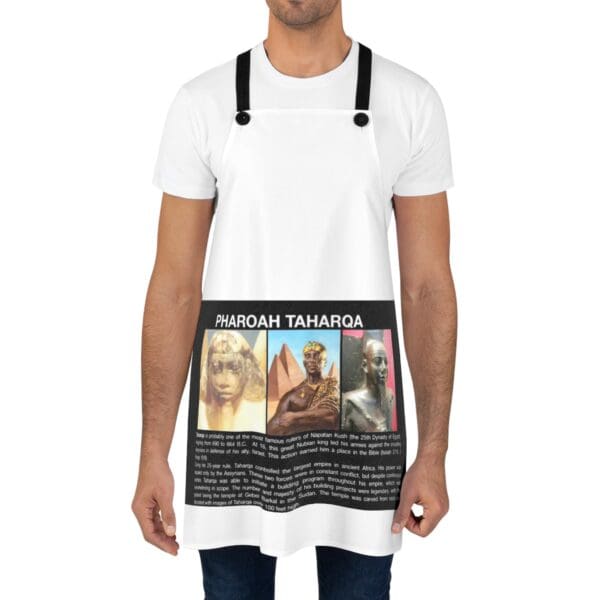 A man wearing an apron with a picture of a person.