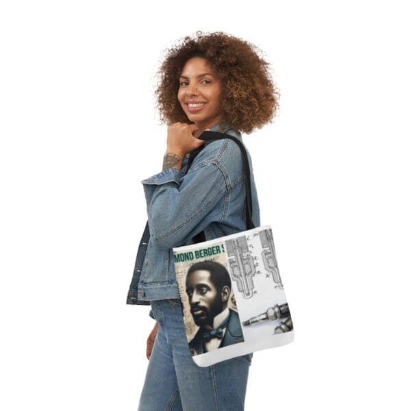 A woman holding a bag with a newspaper on it.