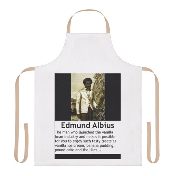 A white apron with an image of a man.