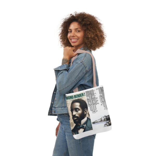 A woman holding onto a bag with a picture of a man.