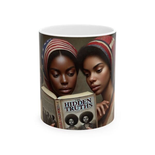 A mug with two women reading a book.