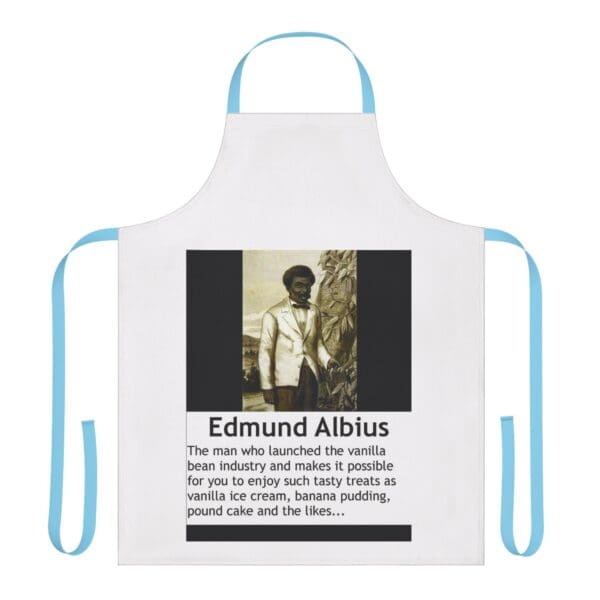 A white apron with an image of a man.