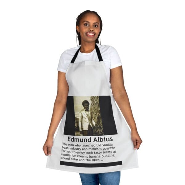 A woman wearing an apron with a picture of edmund altius.