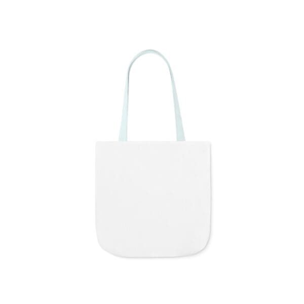 A white bag with blue handles and a light blue handle.