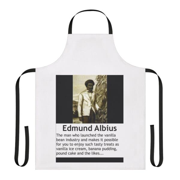 A white apron with an image of edmund albius.