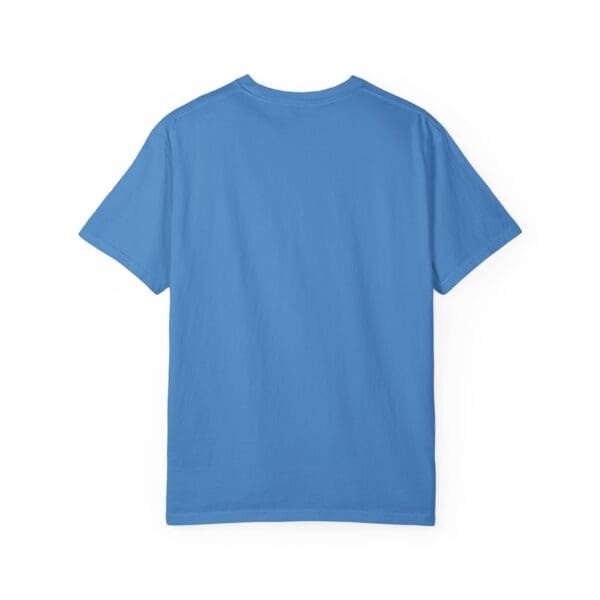 A blue t-shirt with the back of it.