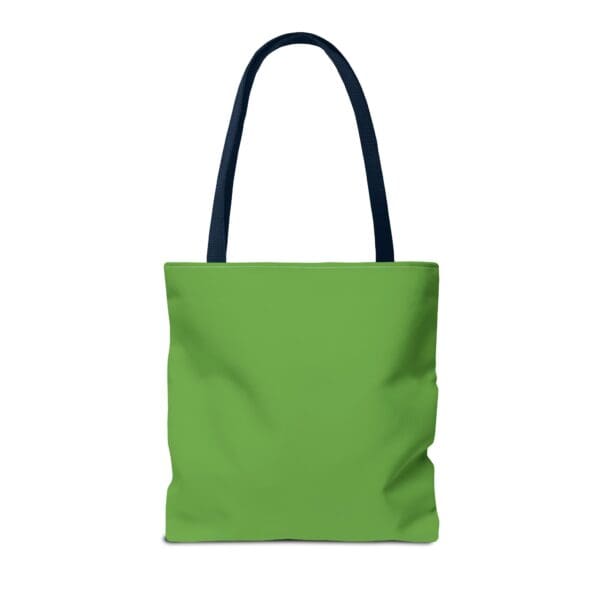 A green tote bag with black handles and an image of the back.