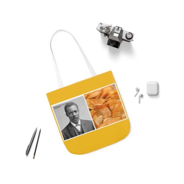 A bag with an image of a man and some food.