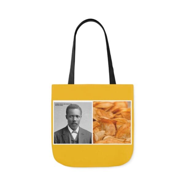 A yellow bag with an image of a man and two pictures.