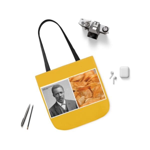 A yellow bag with an image of a man and some food.