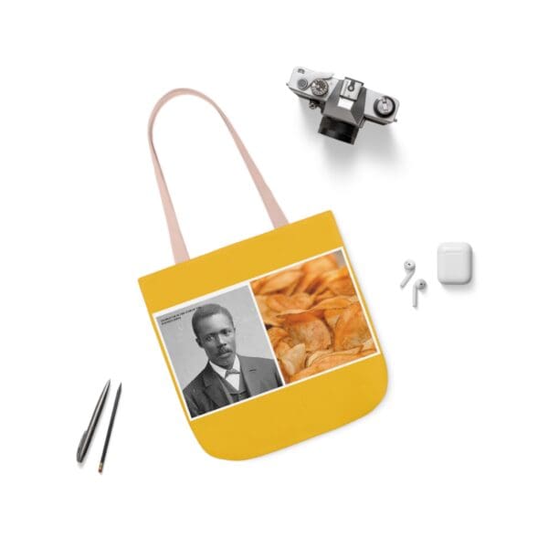 A yellow bag with a picture of a man and some food