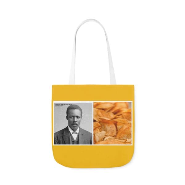 A yellow bag with an image of a man and a picture of food.