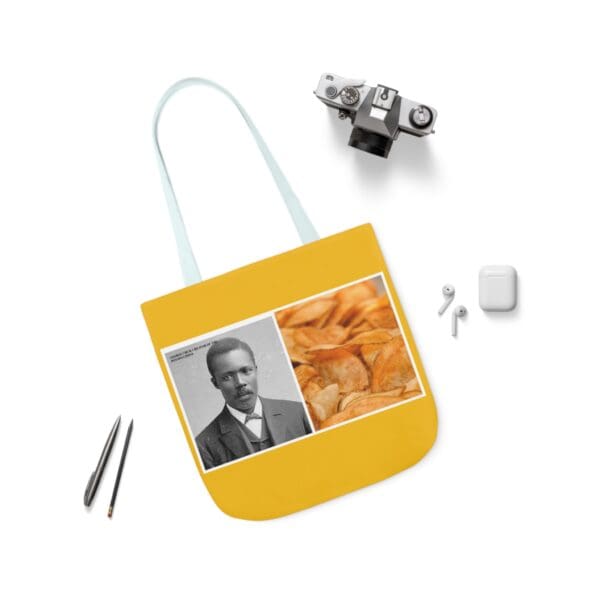 A yellow bag with an image of a man and some food.