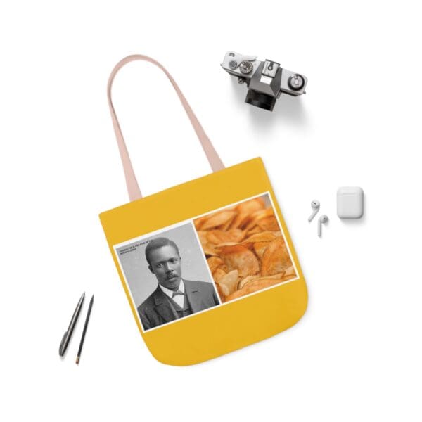 A yellow bag with an image of a man and some food.