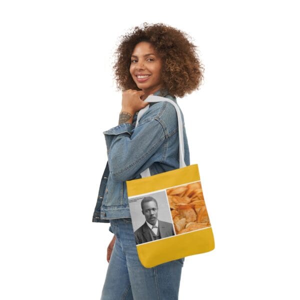 A woman holding onto a yellow bag