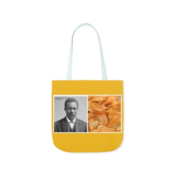 A yellow bag with an image of a man and a picture of food.