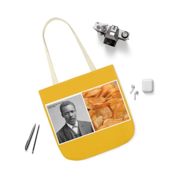 A yellow bag with an image of a man and some food.