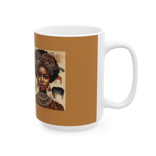 A white coffee mug with an african woman painting.