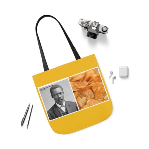 A yellow bag with a picture of a man and some food.