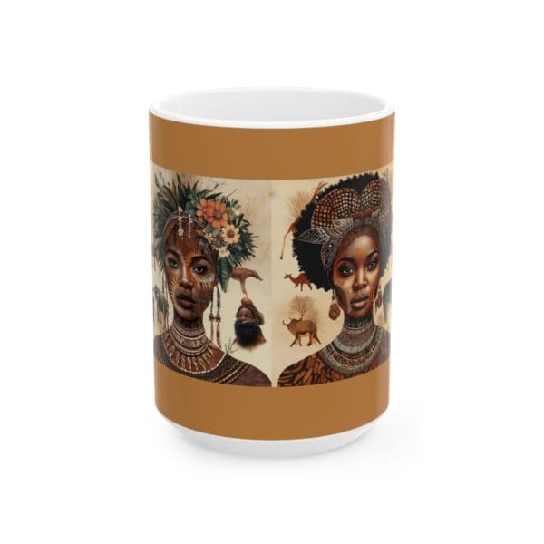 A coffee mug with an image of two women.