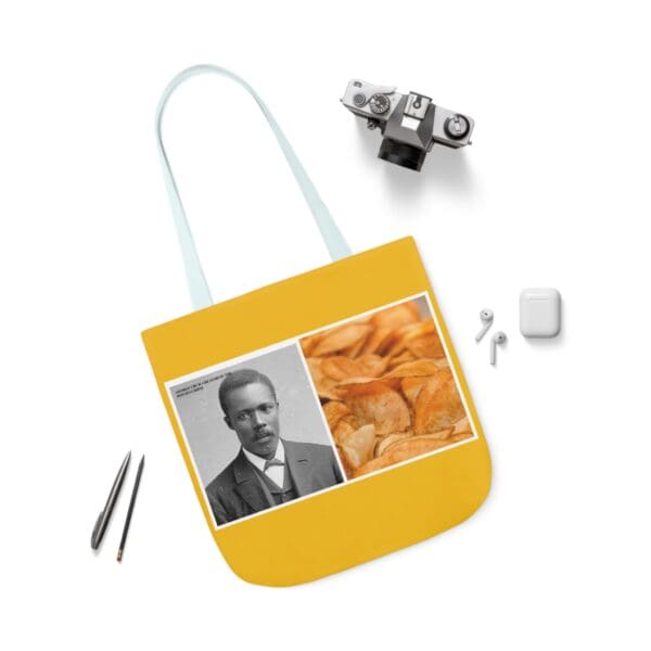 A yellow bag with a picture of a man and some food.