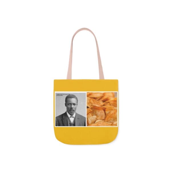 A yellow bag with an image of a man and a picture of food.