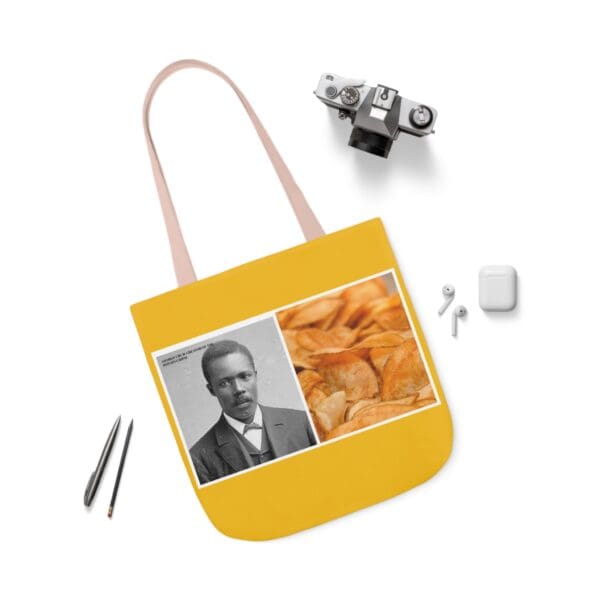 A yellow tote bag with an image of a man and some food.