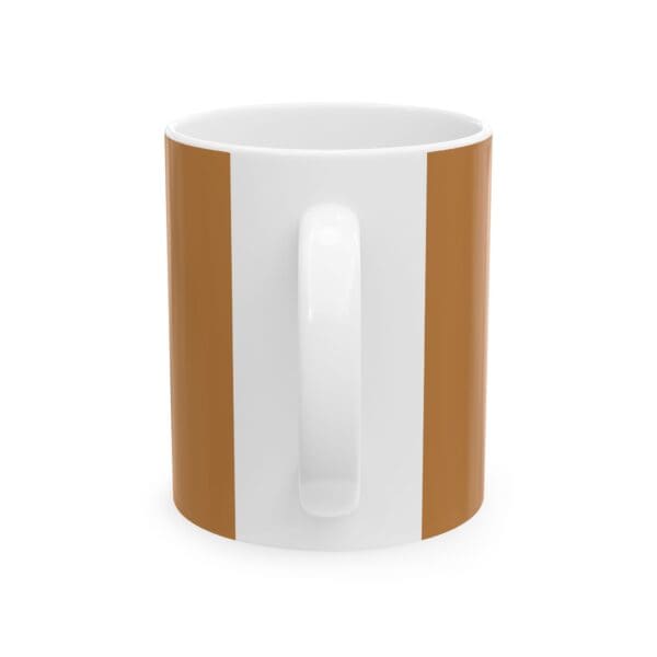 A white mug with brown stripes on the side.