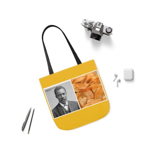 A yellow bag with an image of a man and some food.