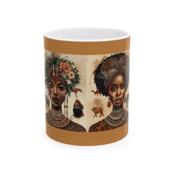 A coffee mug with an african american woman and elephant.