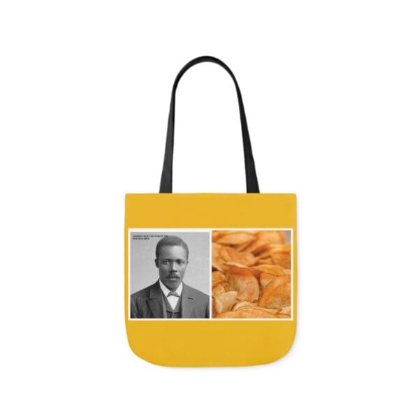 A yellow bag with an image of a man and a picture of a piece of bread.