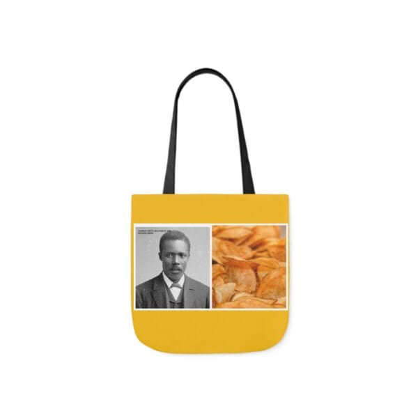 A yellow bag with an image of a man and a picture of food.