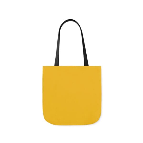 A yellow bag with black handles and a white background