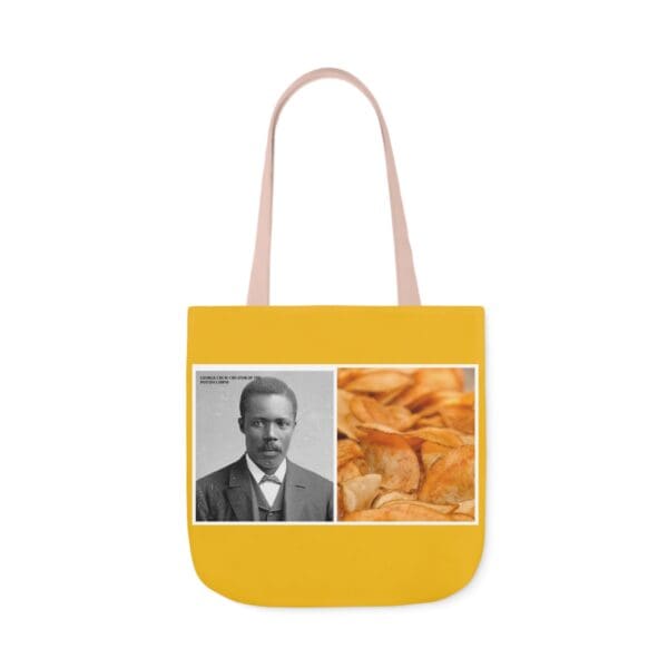 A yellow tote bag with an image of a man and a picture of food.